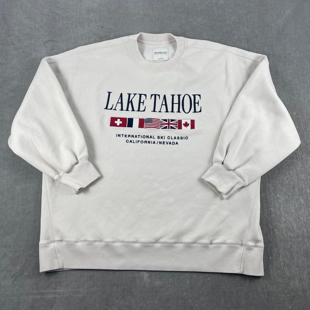 Lake Tahoe Abercrombie & Fitch Mens L Cream Sweatshirt International Ski Classic
